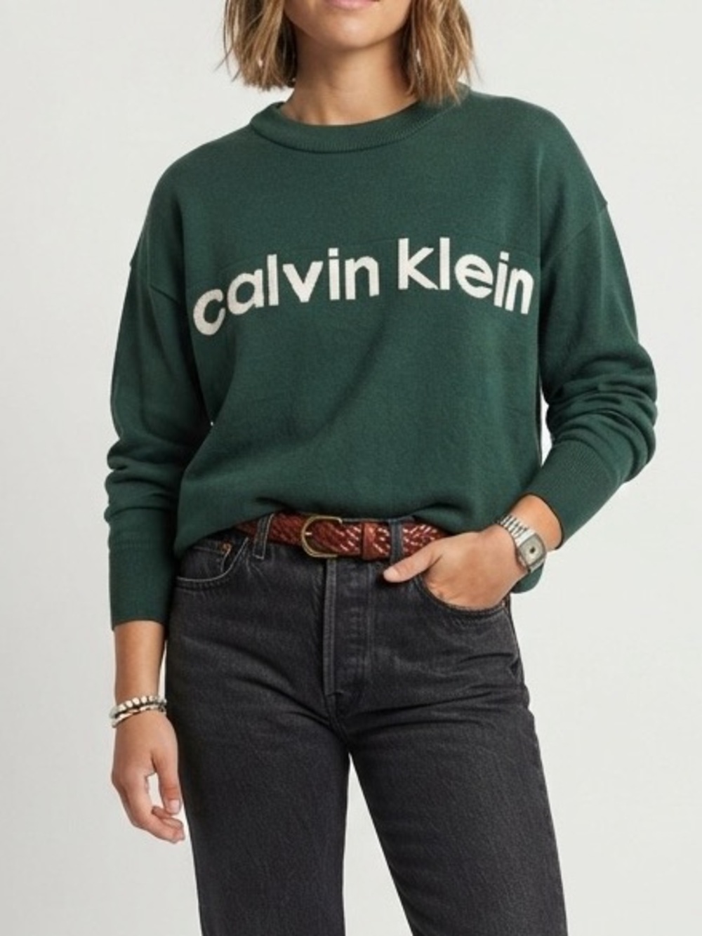 Calvin Klein Jeans Deep Green Crewneck with White Logo